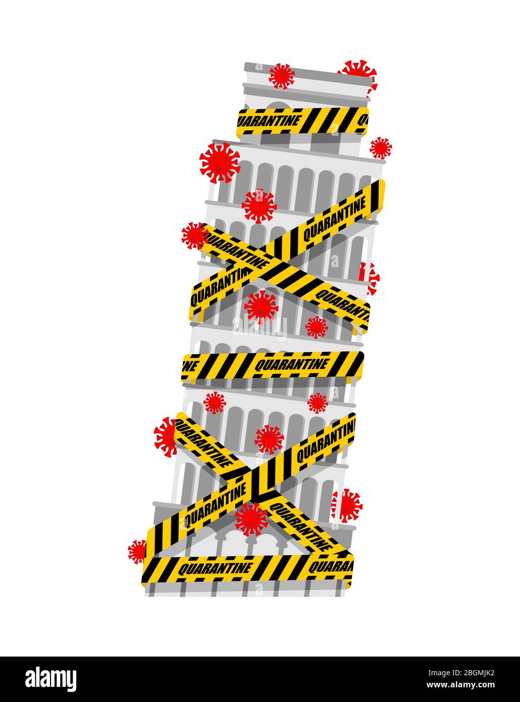 La Tour de Pise est enveloppée dans un ruban d'avertissement jaune quarantaine. Quarantaine en Italie. Épidémie de coronavirus dans le monde. Éclosion de pandémie de Covid-19. disa mondial Illustration de Vecteur