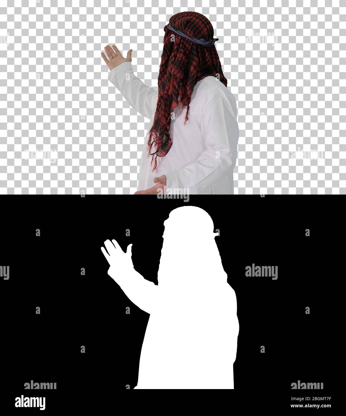 Sheikh portant keffiyeh faisant geste de bienvenue, Alpha Channel Banque D'Images