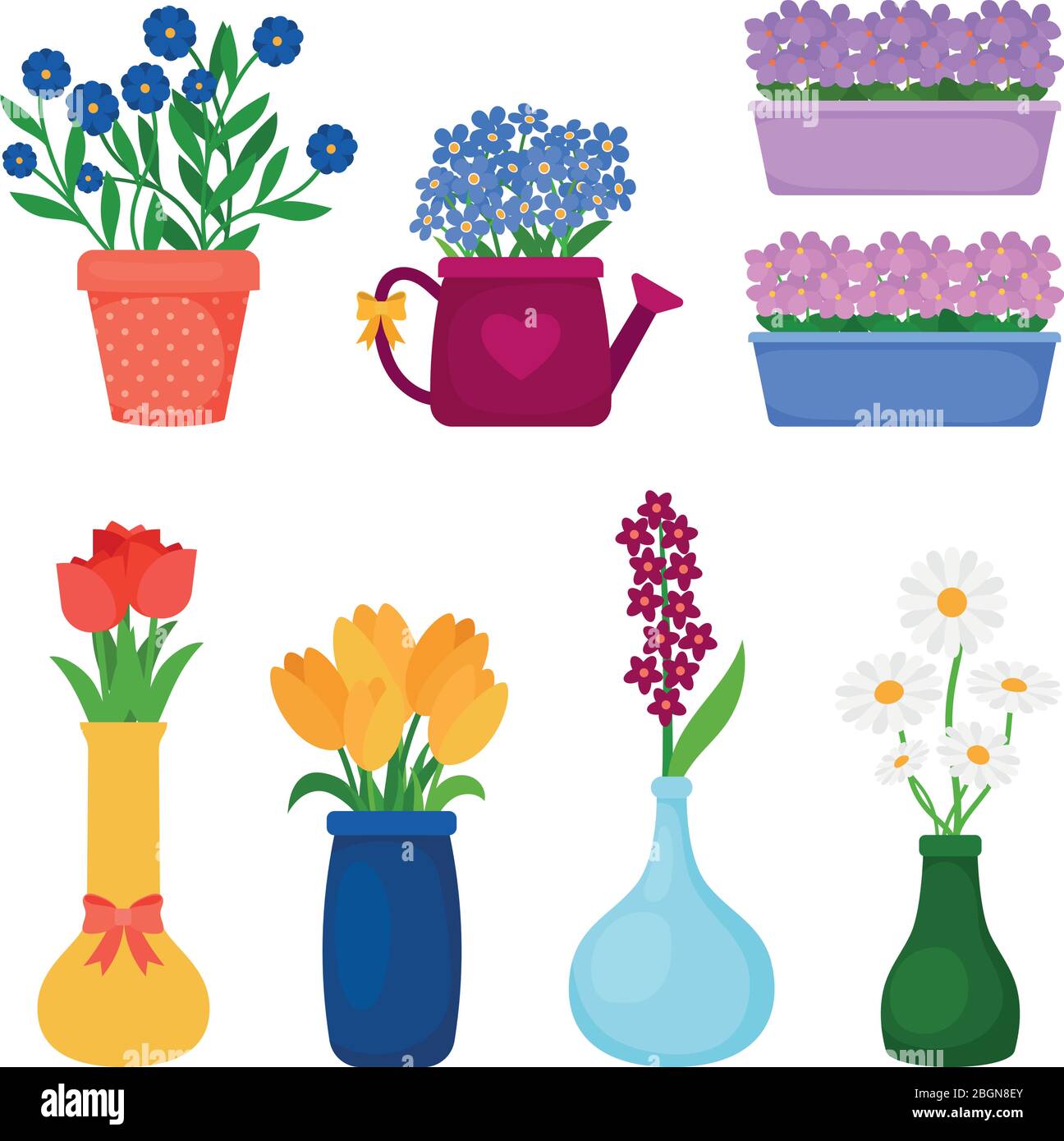 Icônes de pots de fleurs. Fleurs printanières en pots et vases ensemble. Illustration vectorielle Illustration de Vecteur