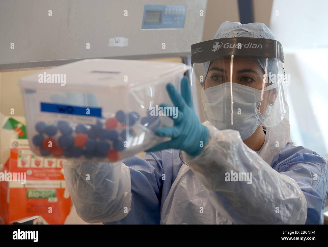 Des échantillons en direct sont conservés dans un conteneur lors de l'ouverture du nouveau laboratoire d'essais Covid-19 à l'hôpital universitaire Queen Elizabeth de Glasgow. Banque D'Images