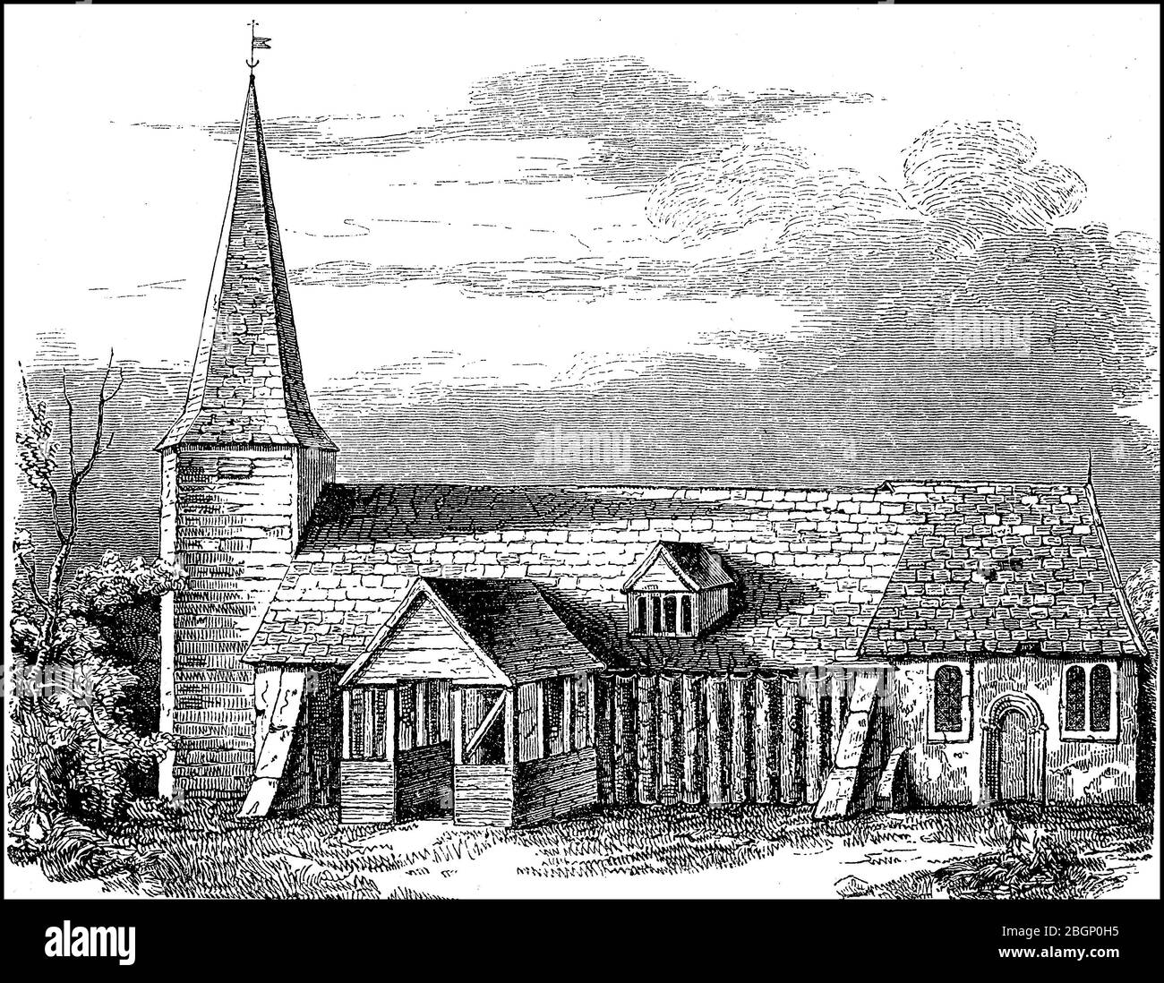 L'église St Andrew, également appelée Église Greensted, à Greensted, à environ 1 km à l'ouest de Chipping Ongar, est une église anglicane d'Essex. Elle est considérée comme la plus ancienne église en bois du monde et est sous le patronage de l'apôtre Andrew, vers 1800 / Die St Andrew's Church, auch Greensted Church genannt, à Greensted, etwa 1 km Westlich von Chipping Ongar, ist ein anglikanisches Gotteshaus dans Essex. Sie gilt als die älteste Holzkirche der Welt und steht unter dem Patrozinium des Apôtres Andreas, CA 1800, Historisch, historique, numérique amélioration de la reproduction d'un original du XIXe siècle / Banque D'Images