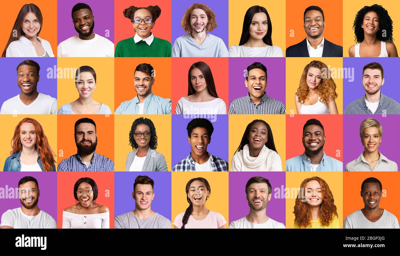 Collage de personnes visages féminins et masculins sur des arrière-plans colorés Banque D'Images