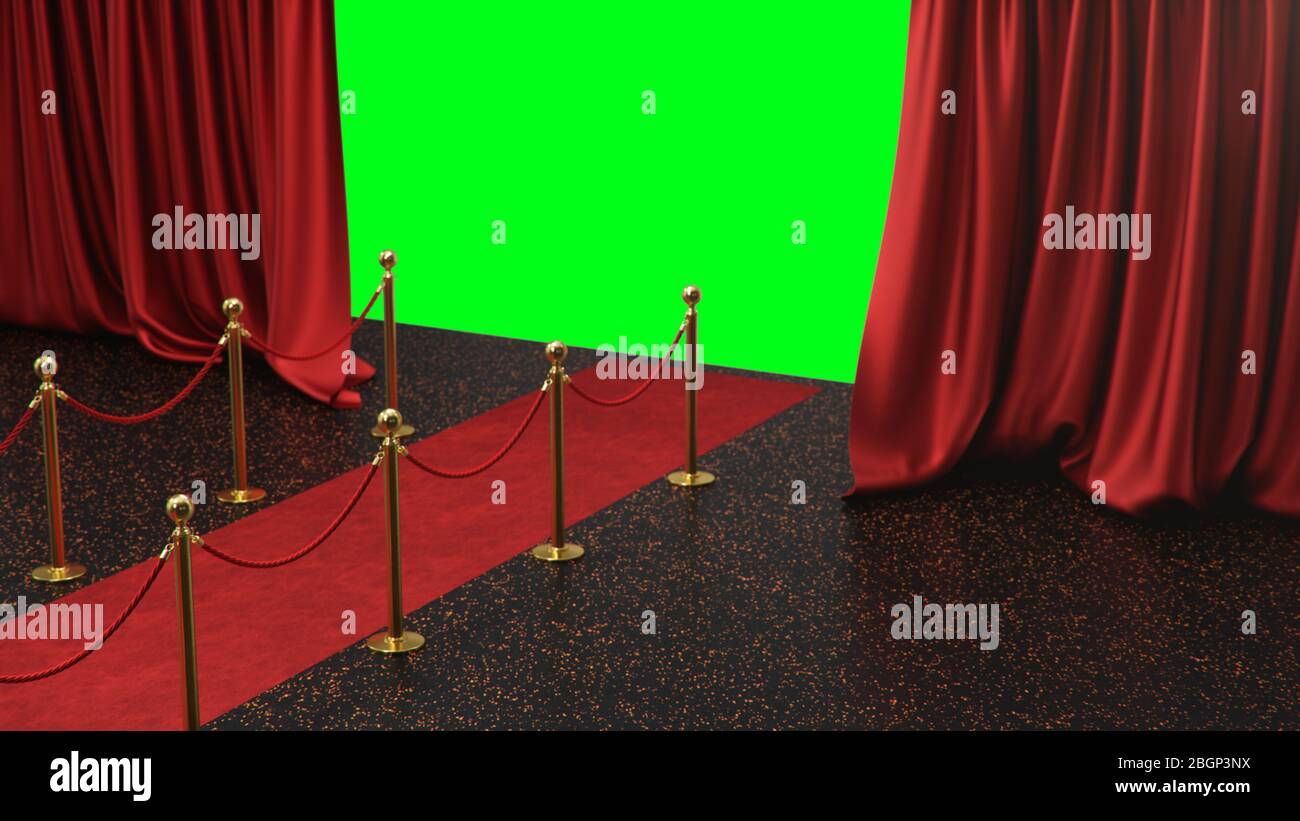 Les prix montrent le fond avec des rideaux rouges ouverts sur écran vert. Tapis de velours rouge entre les barrières dorées reliées par une corde rouge. Théâtre de rideaux Banque D'Images