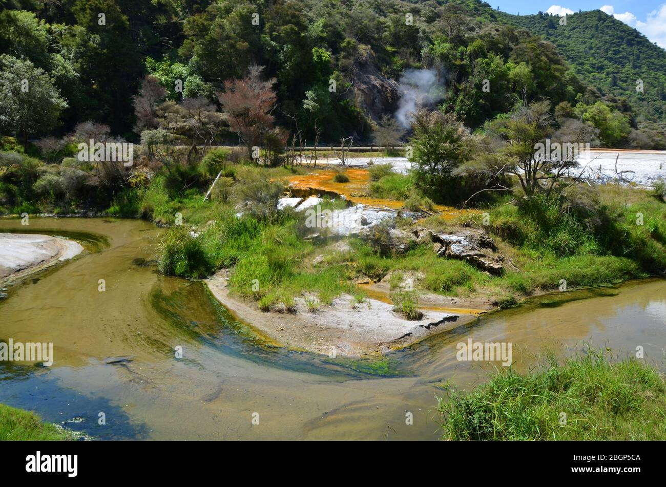 Paysage volcanique avec un ruisseau chaud et un sol coloré dans la vallée de Waimangu Nouvelle-Zélande Banque D'Images