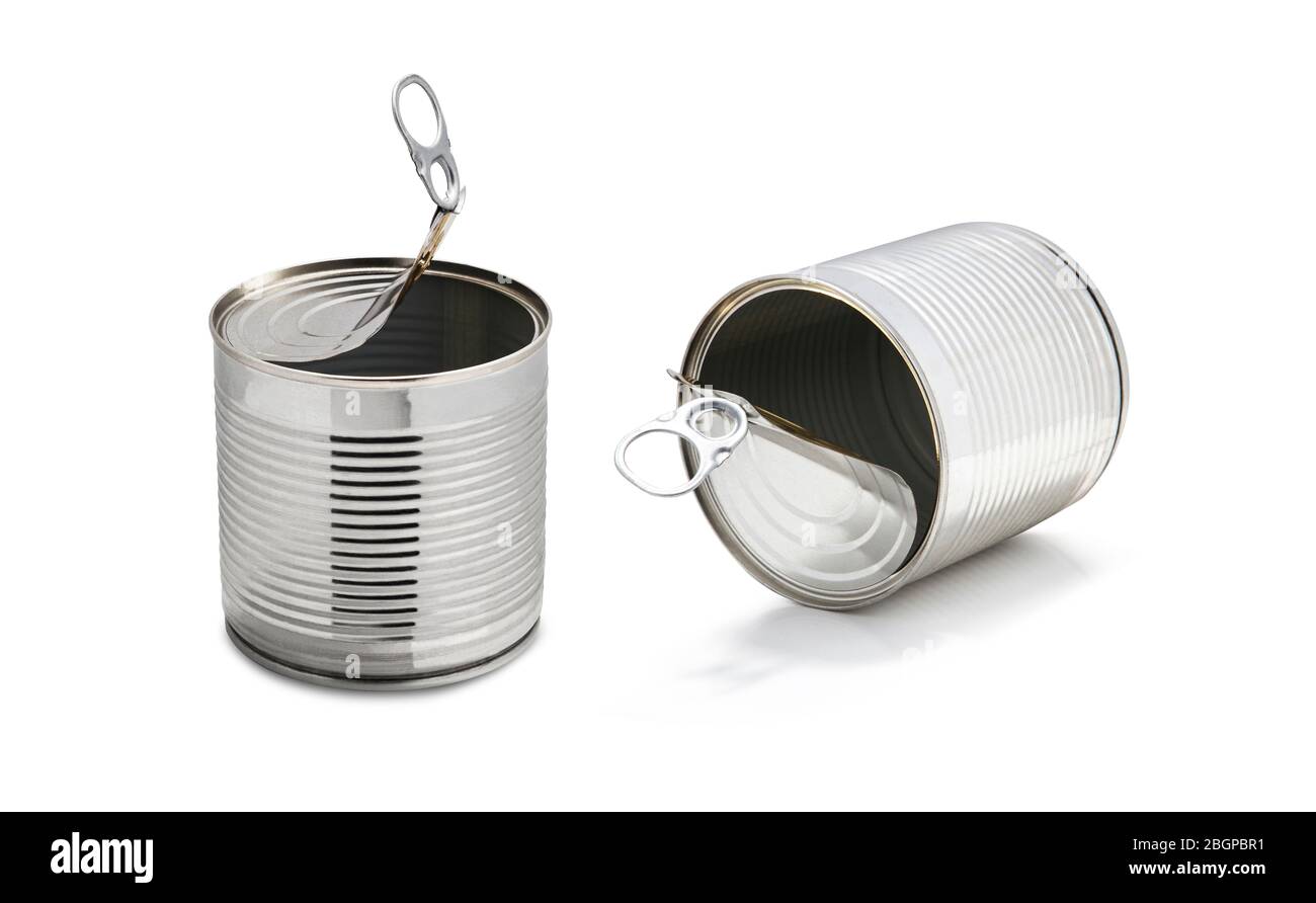 Boîtes en étain vides en acier inoxydable, isolées sur fond blanc Banque D'Images