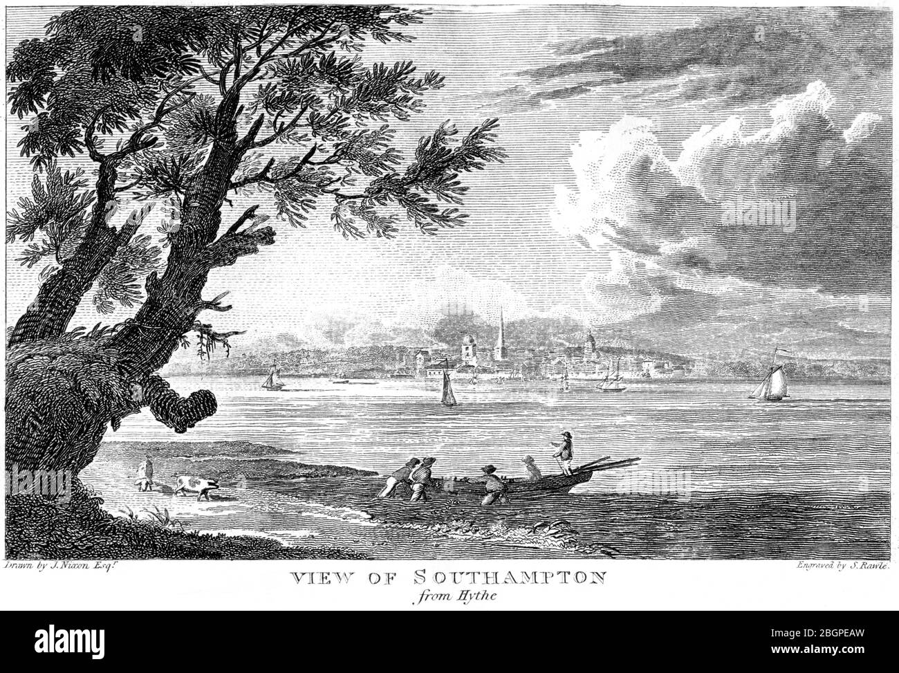 Une gravure d'une vue de Southampton de Hythe numérisée à haute résolution à partir d'un livre imprimé en 1827. Cru libre de droits d'auteur. Banque D'Images