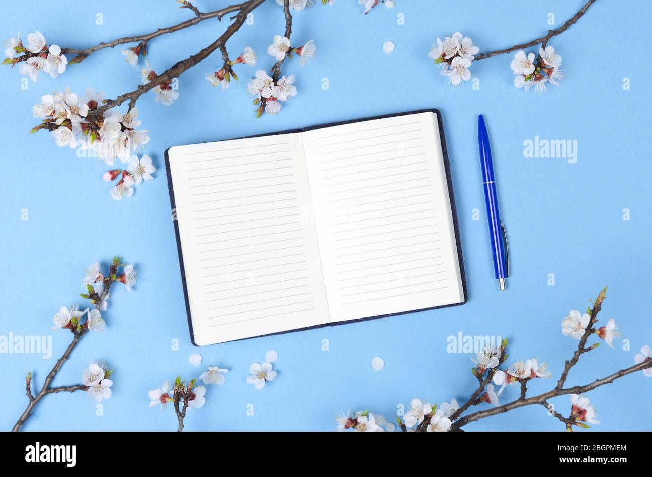 Liste de souhaits pour les plans futurs. composition de la couche plate avec fleurs et bloc-notes Banque D'Images