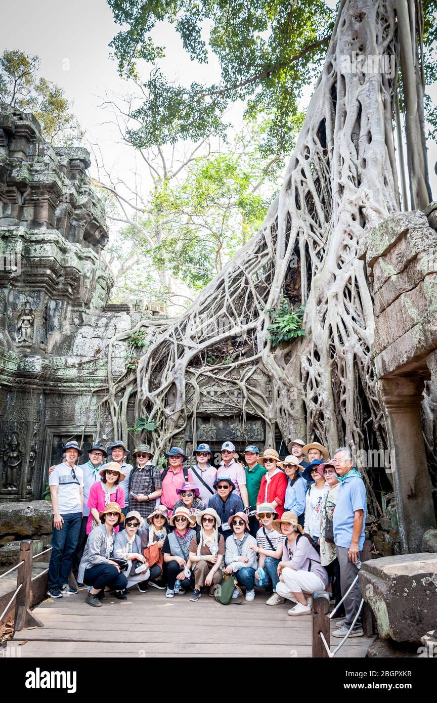 Un groupe de tournée asiatique pose pour une photo parmi les ruines d'Angkor Wat, province de Siem Reap, Cambodge. Banque D'Images