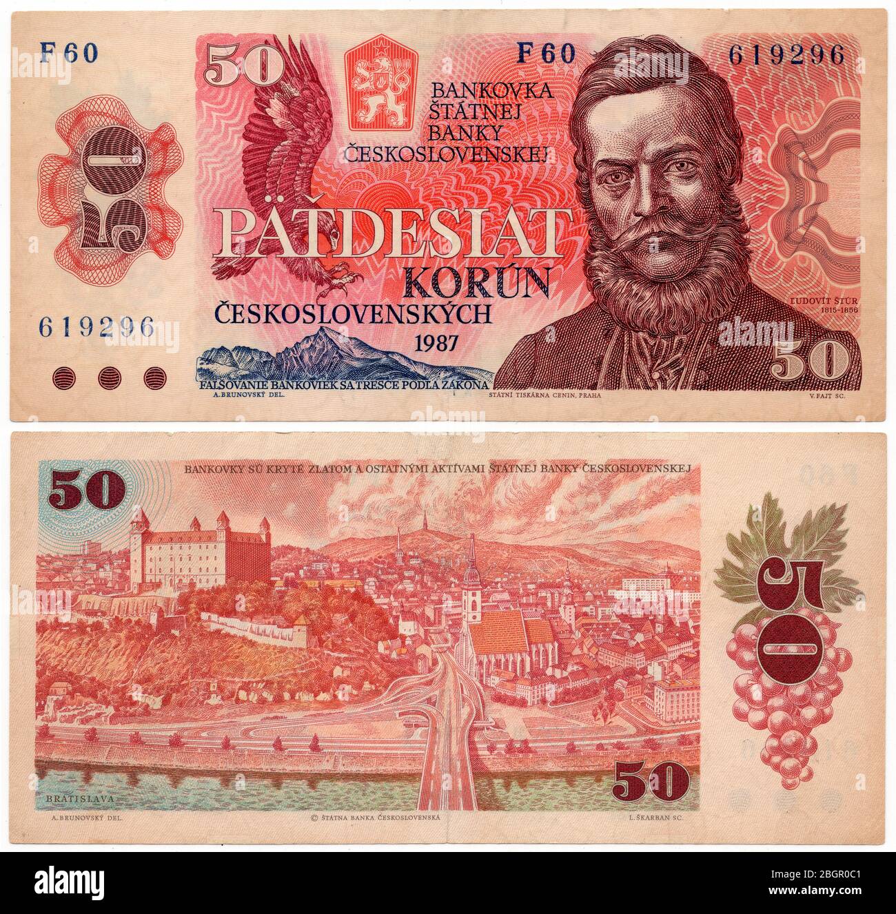 50 billets de banque tchécoslovaque koruna (1987) émis en République socialiste tchécoslovaque. Le billet a été conçu par l'artiste graphique slovaque Albín Brunovský. Le héros national slovaque Ľudovít Štúr, qui était la figure principale du renouveau national slovaque au XIXe siècle et auteur de la norme linguistique slovaque, est illustré dans le verso. Le château de Bratislava et le Danube de Bratislava, en Slovaquie, sont représentés dans le recto. Banque D'Images