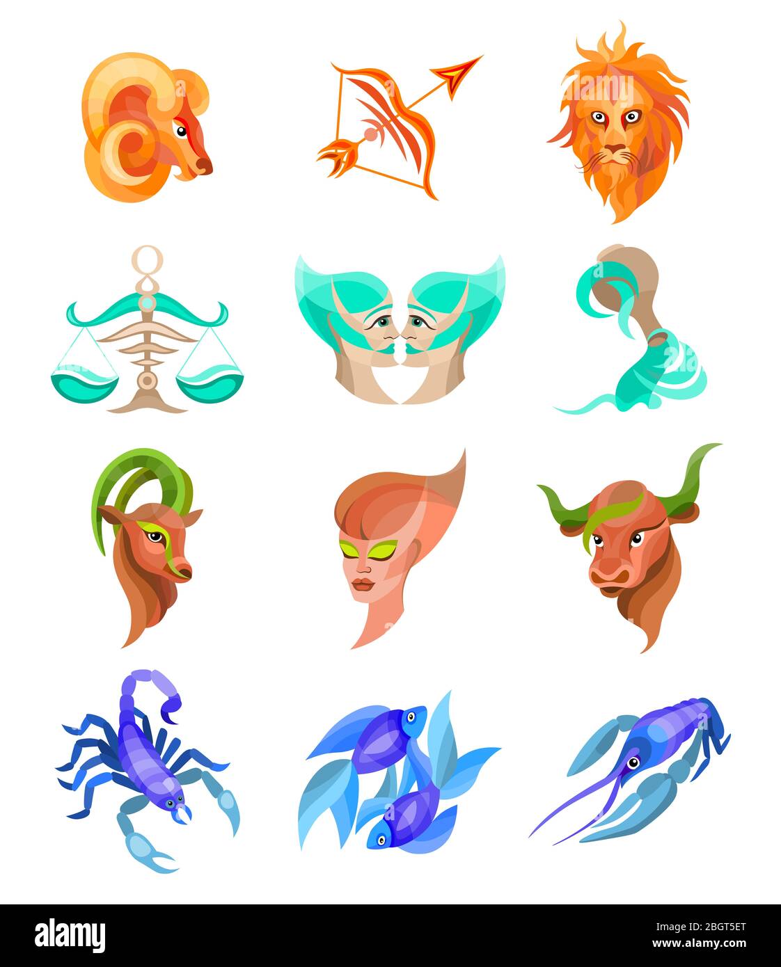 zodiaque signes boutons plats ensemble de symboles horoscope, collection d'icônes d'astrologie Banque D'Images