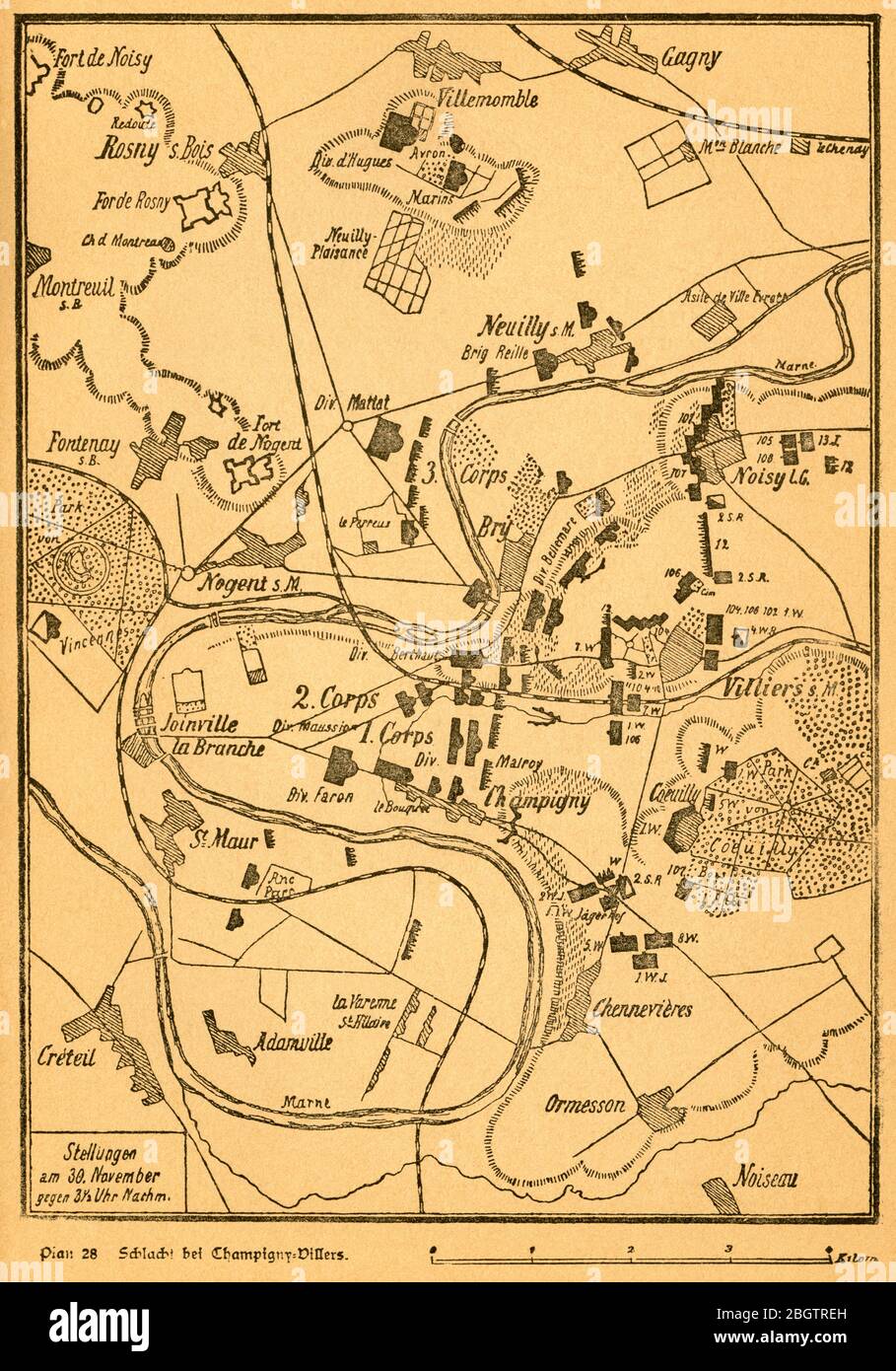 Europa, Deutschland, Frankreich, Deutsch-Französischer Krieg, Plan der Schlacht bei Champigny - Villiers , Motiv aus : ' Der Krieg zwischen Frankreich und Deutschland in den Jahren 1870-1871 ' , von J. Scheibert, Verlag von W. Pauli's Nachfolger ( H. Jerosch ) , Berlin, 1895 . / Europe, Allemagne, France, guerre franco-prussienne, plan de la bataille près de Champigny - Villiers , image de : ' Der Krieg zwischen Frankreich und Deutschland in den Jahren 1870-1871 ' ( la guerre entre la France et l'Allemagne 1870-1871 ) , par J. Scheibert , maison d'édition W. Pauli successeurs ( H. Jerosch ) , Berlin, 1 Banque D'Images