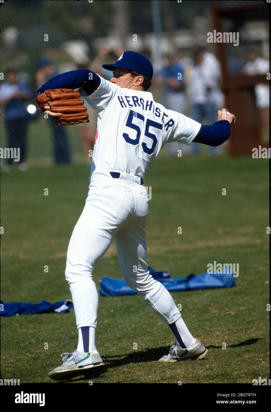Dodgers Pitcher Orel Hershiser au centre de formation de printemps à Vero Beach, en Floride, le 12 mars 1989. Photo de Francis Specker Banque D'Images