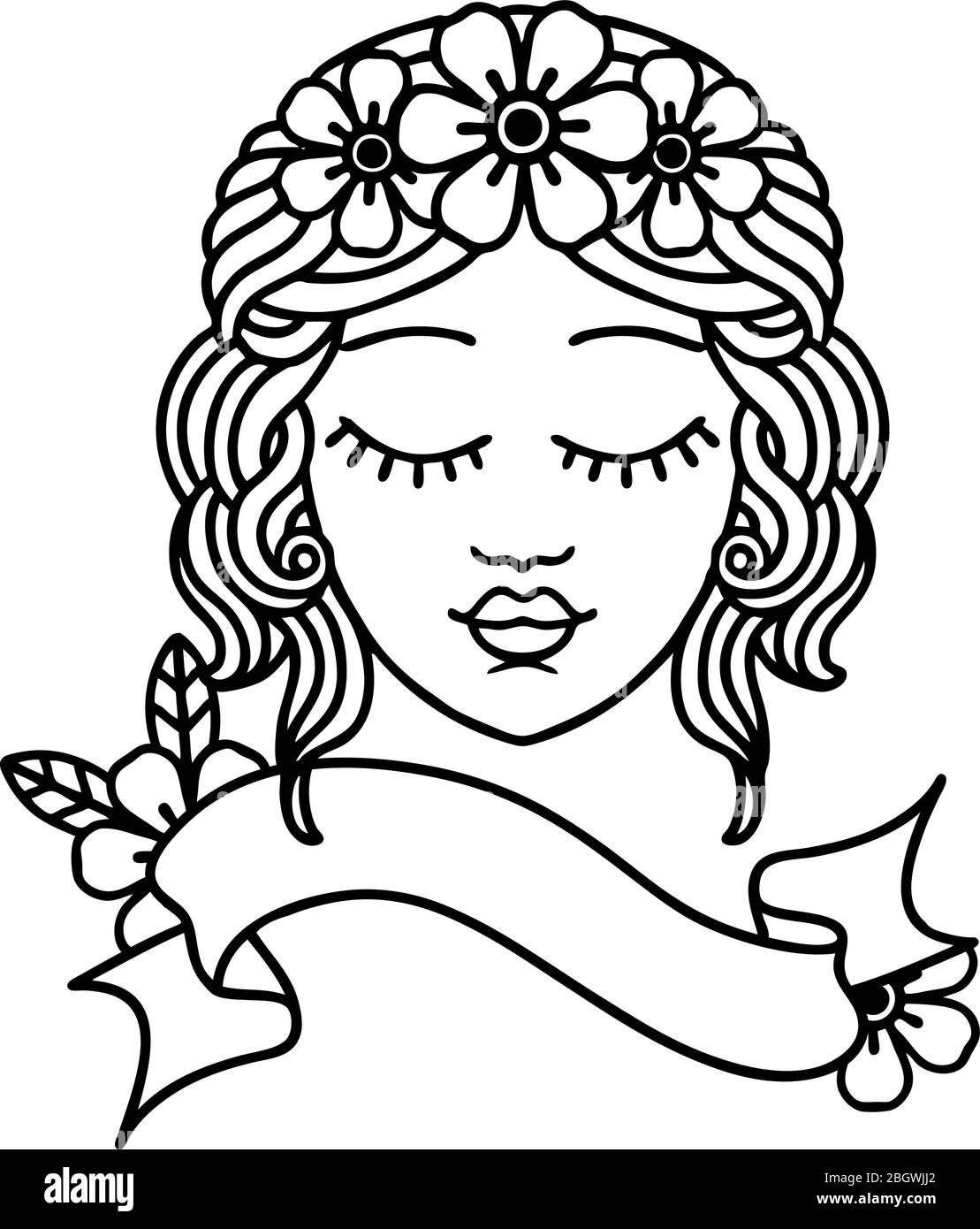 tatouage de dessin de trait noir traditionnel avec bannière d'un visage de maidens Illustration de Vecteur