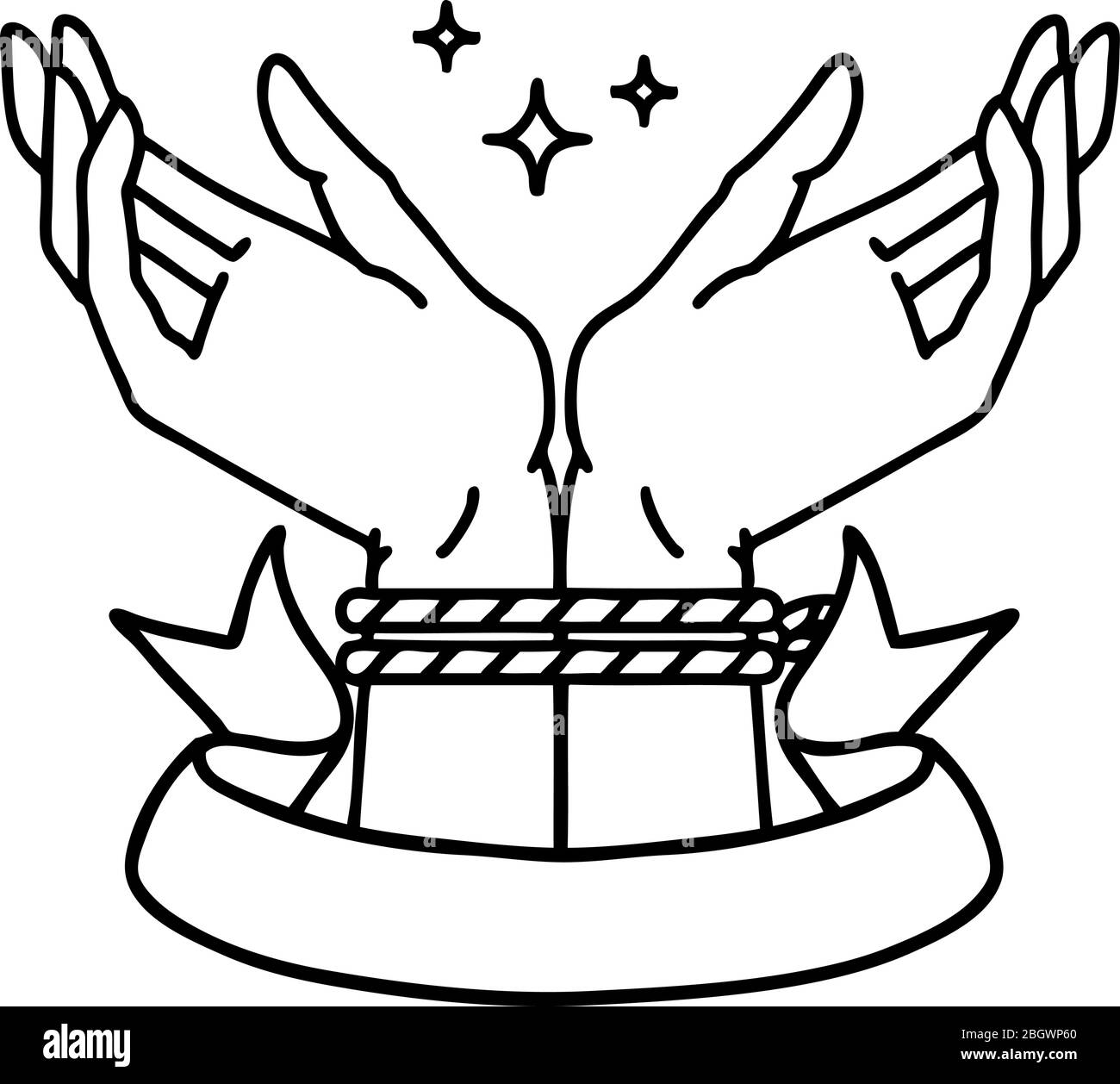 tatouage de dessin au trait noir traditionnel avec bannière d'une paire de mains liées Illustration de Vecteur