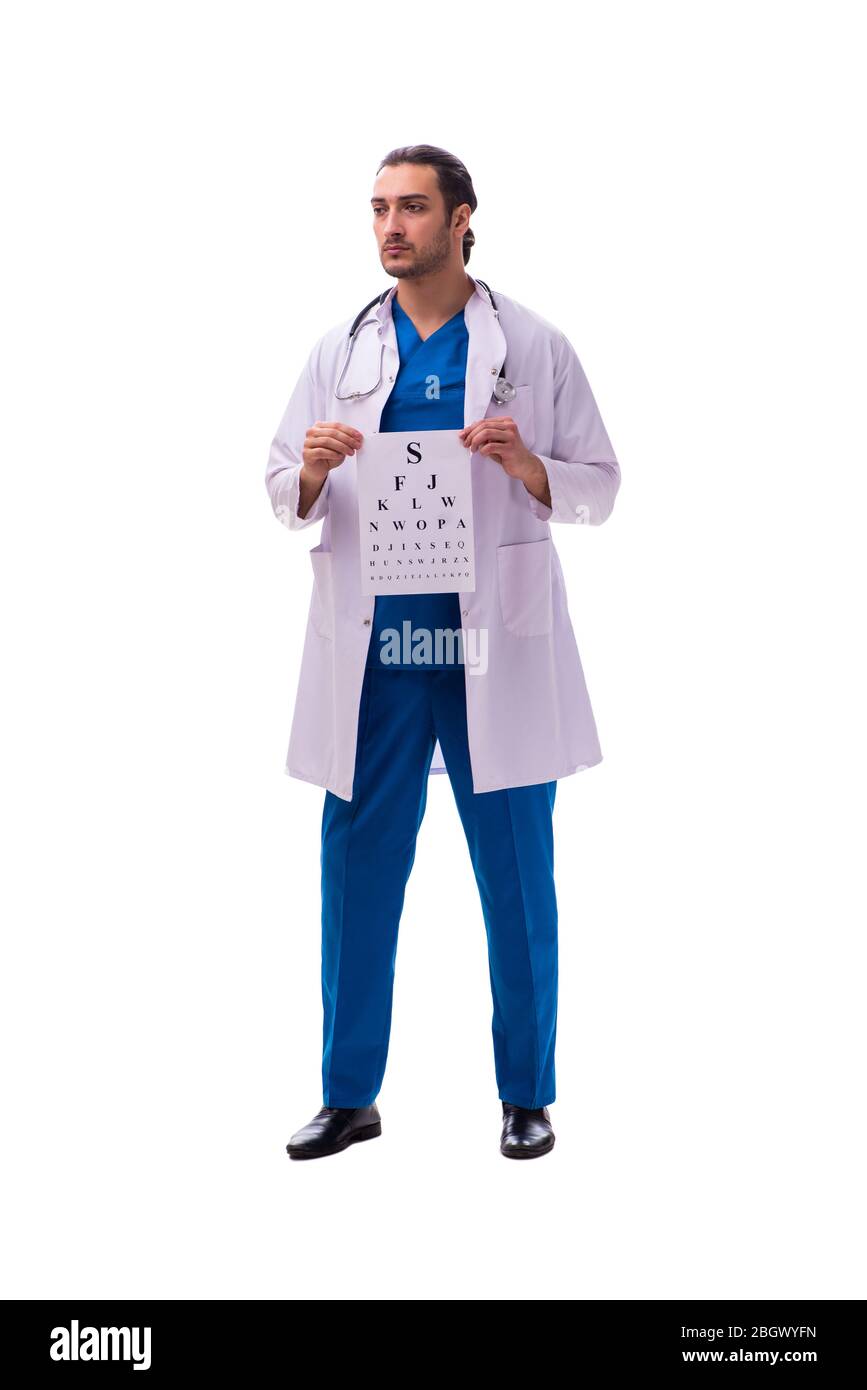 Jeune oculiste mâle isolé sur le blanc Banque D'Images