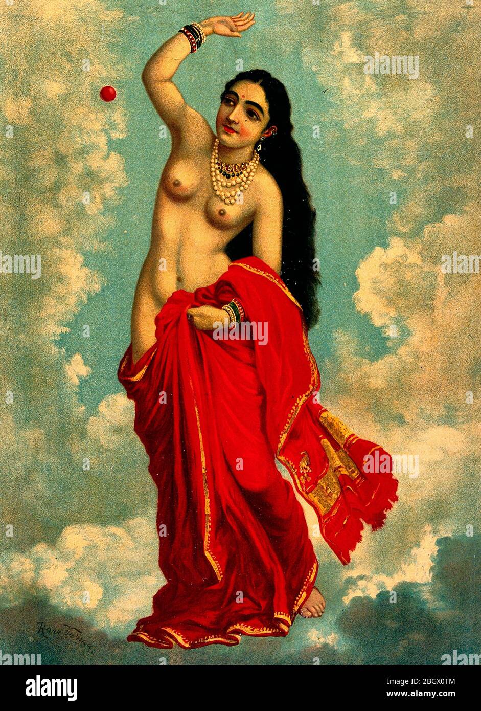 Tilottama demi-clothed volant dans le ciel jouant avec une balle rouge - Raja ravi Varma, 1896 Banque D'Images