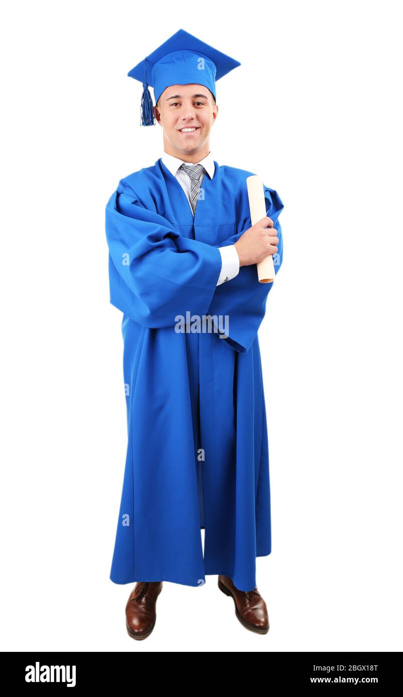 Homme étudiant diplômé portant un chapeau et une robe de graduation, isolé sur blanc Banque D'Images