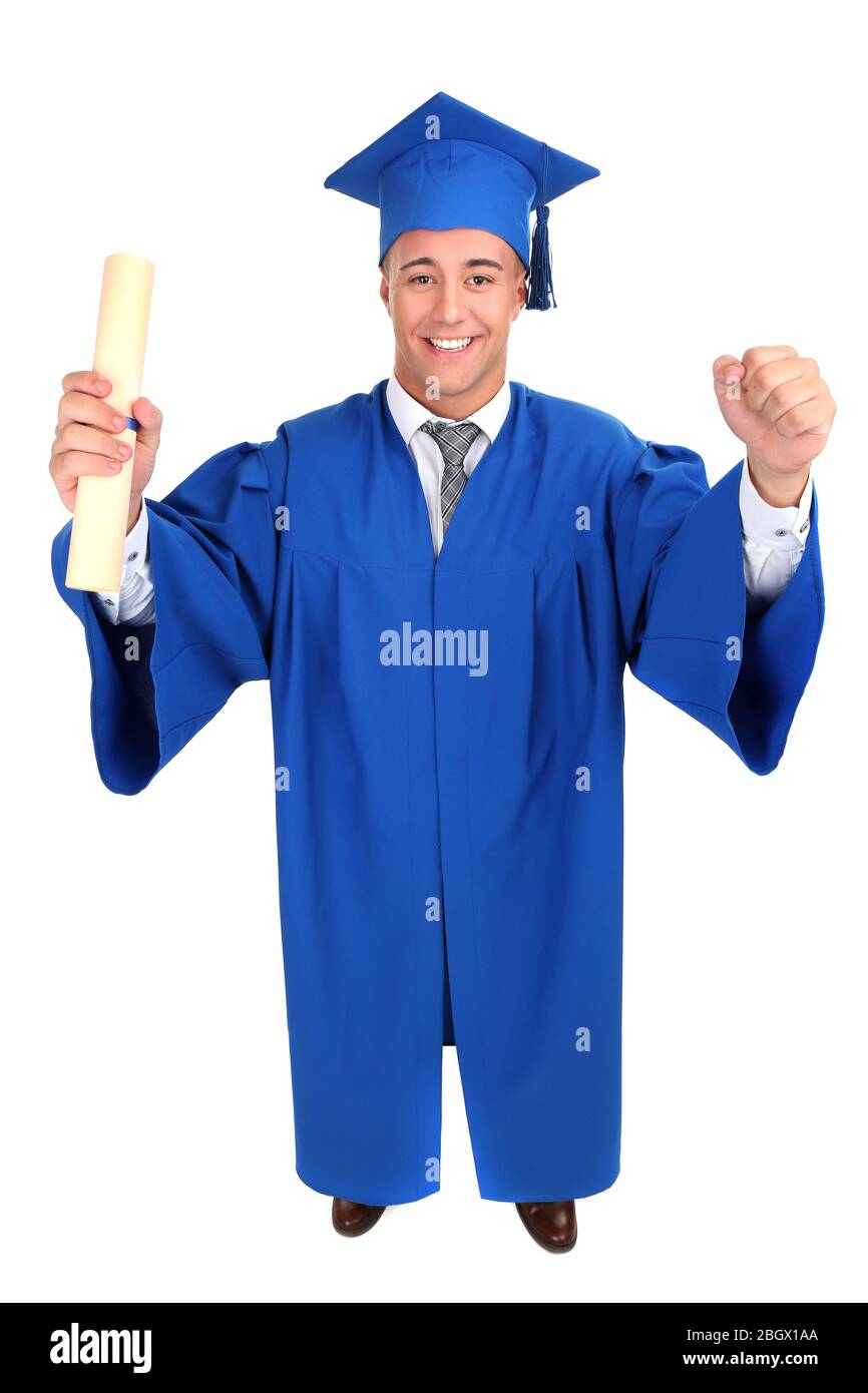 Homme étudiant diplômé portant un chapeau et une robe de graduation, isolé sur blanc Banque D'Images