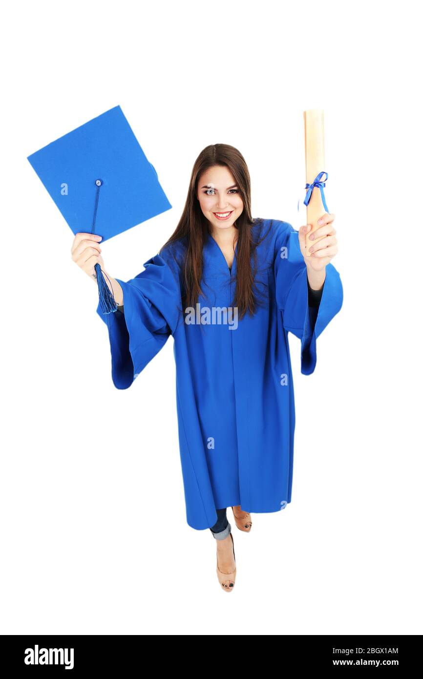Femme diplômée student wearing graduation hat et une blouse, isolated on white Banque D'Images