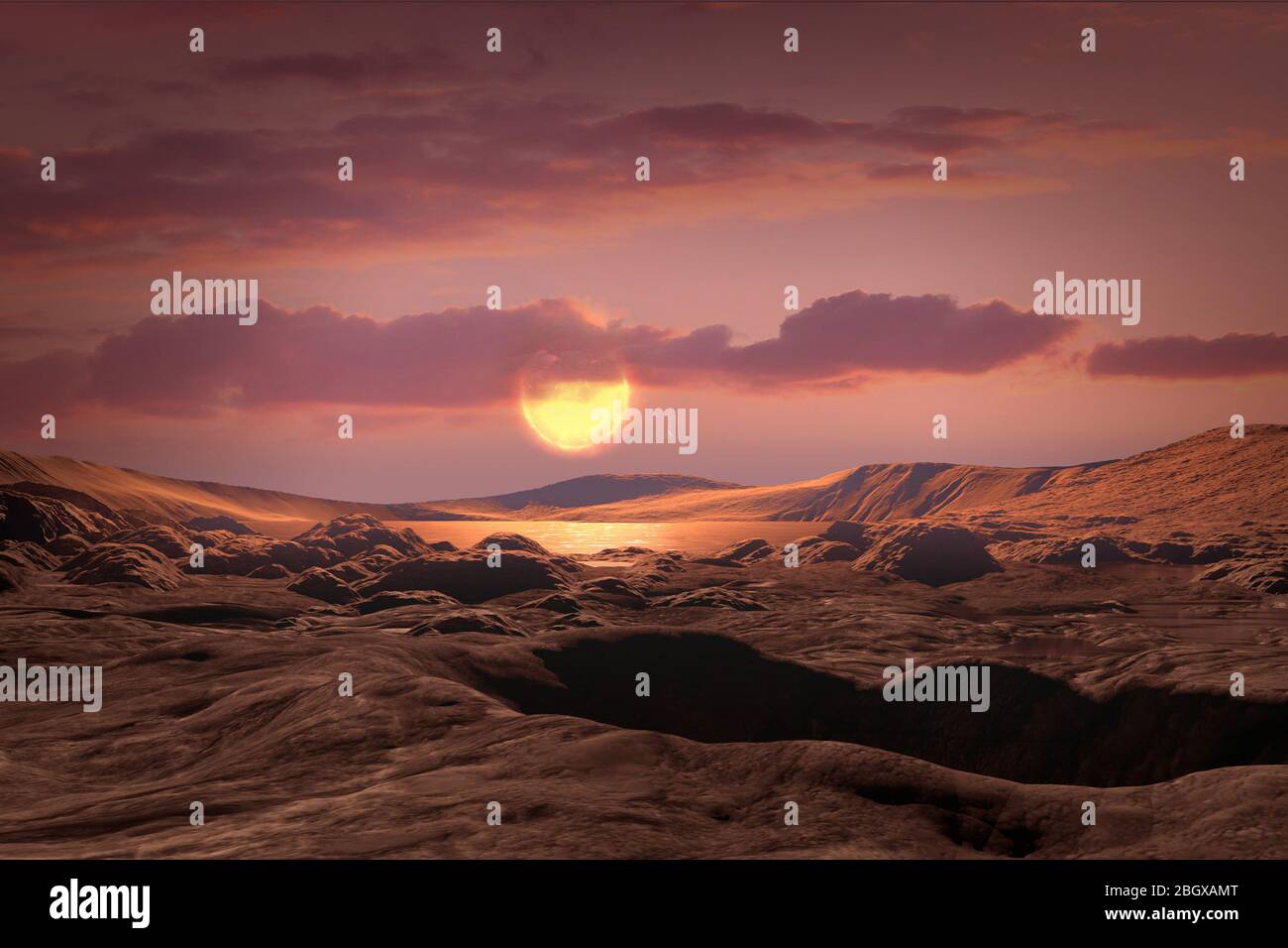 Une équipe de scientifiques transatlantiques, utilisant des données réanalysées du télescope spatial Kepler de la NASA, a découvert une planète exoplantée de taille terrestre en orbite dans la zone habitable de son étoile, la zone autour d'une étoile où une planète rocheuse pourrait soutenir l'eau liquide. L'illustration de cet artiste montre à quoi peut ressembler Kepler-1649c de sa surface. Les scientifiques ont découvert cette planète, appelée Kepler-1649c, lorsqu'ils regarlaient d'anciennes observations de Kepler, que l'agence a retirée en 2018. Alors que les recherches précédentes avec un algorithme informatique l'ont mal identifié, les chercheurs qui ont examiné les données de Kepler ont pris un deuxième regard sur le SIG Banque D'Images