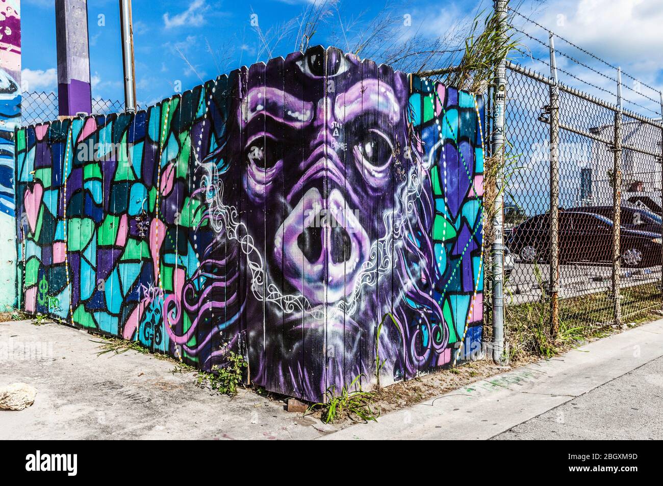 Un graffiti de clôture de parking décoré d'un visage de singe, Wynwood Art District, Miami, Floride, États-Unis. Banque D'Images