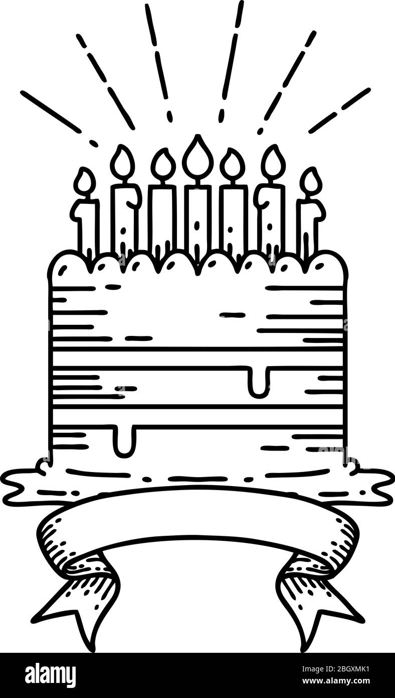 Banniere A Defilement Avec Gateau D Anniversaire De Style Tatouage De Travail En Ligne Noire Image Vectorielle Stock Alamy