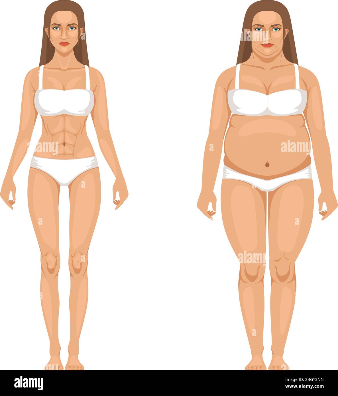 Perte de poids de femme avec sport et régime. Illustrations vectorielles en style dessin animé. Femme transformation du corps, surpoids et mince Illustration de Vecteur