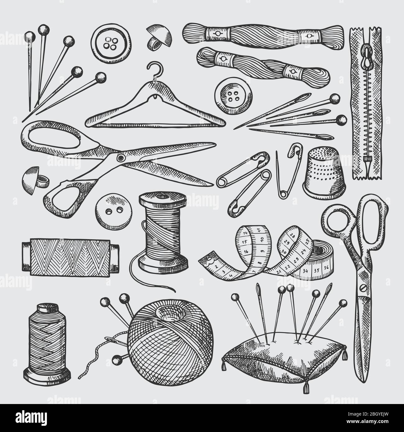 Différents outils pour atelier de couture. Images vectorielles de style  dessiné à la main. Couture artisanale et fait main avec illustration textile  Image Vectorielle Stock - Alamy