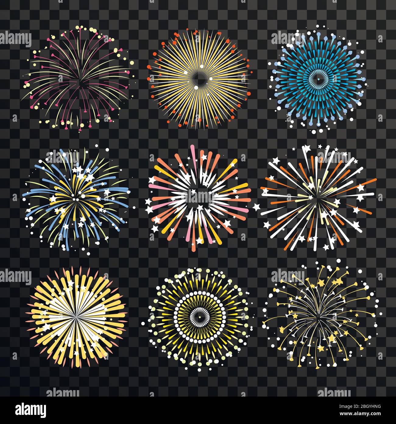 Isolation en rafale en étoile sur fond transparent. Jeu de grands feux d'artifice vectoriels. Feu de travail anti-explosion pour l'illustration de l'événement du festival Illustration de Vecteur
