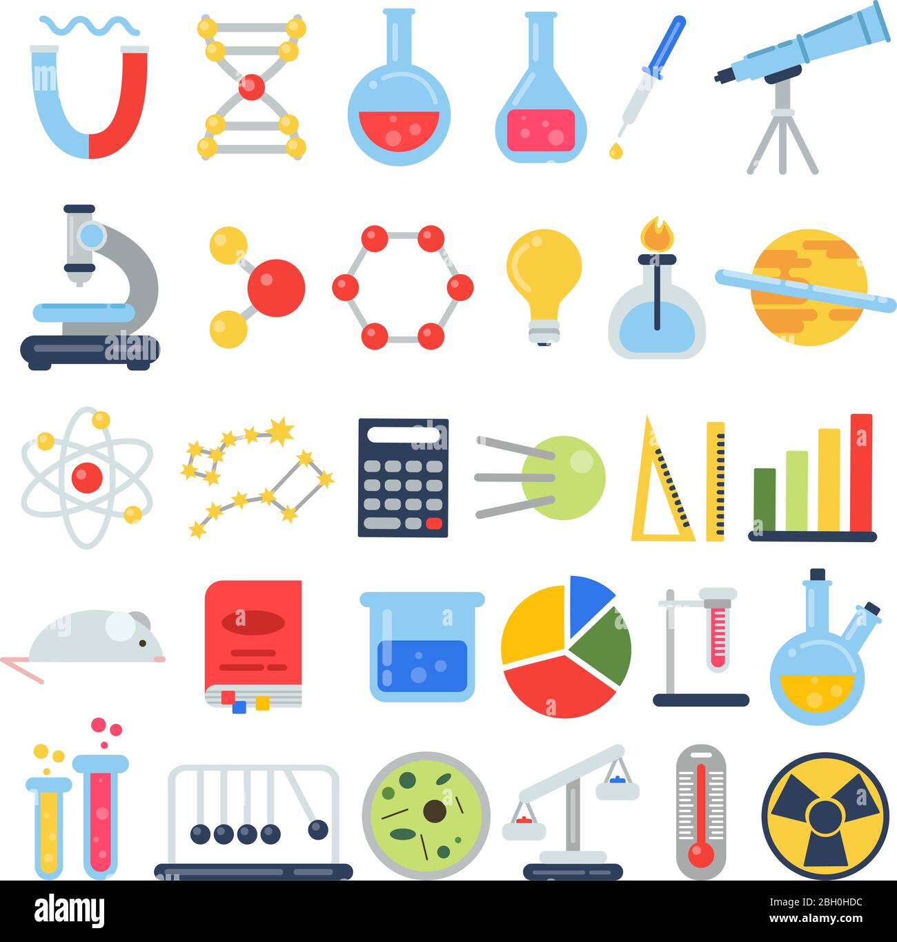 Jeu d'icônes scientifiques. Laboratoire scientifique avec différents équipements. Images vectorielles en style plat. Enseignement des sciences et de la recherche, microscope d'équipement illustr Illustration de Vecteur