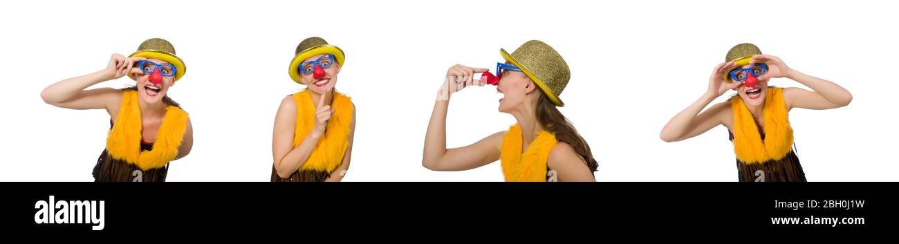 La drôle de clown femme isolée sur le blanc Banque D'Images