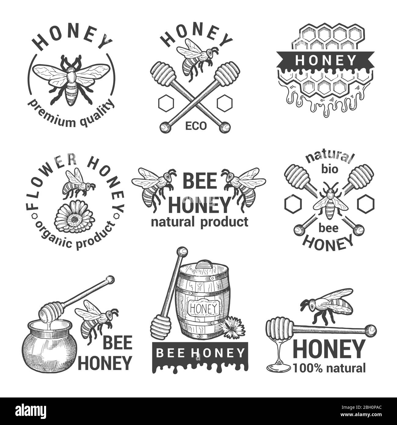 Étiquettes monochromes avec miel, abeilles et nid d'abeilles. Étiquette et icône de miel biologique, nourriture douce saine. Illustration vectorielle Illustration de Vecteur