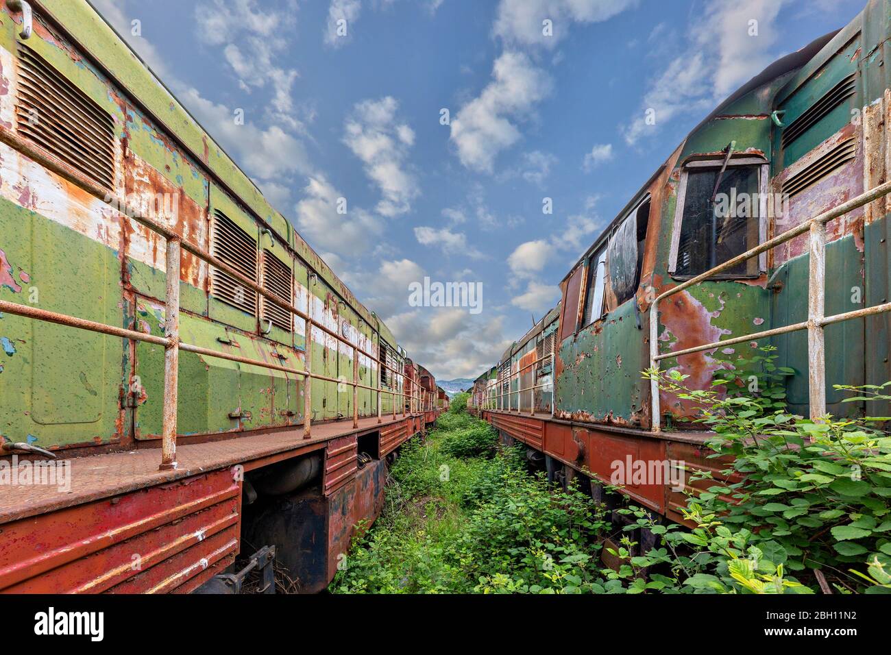 Les vieux trains abandonnés de l'ère communiste en Albanie Banque D'Images