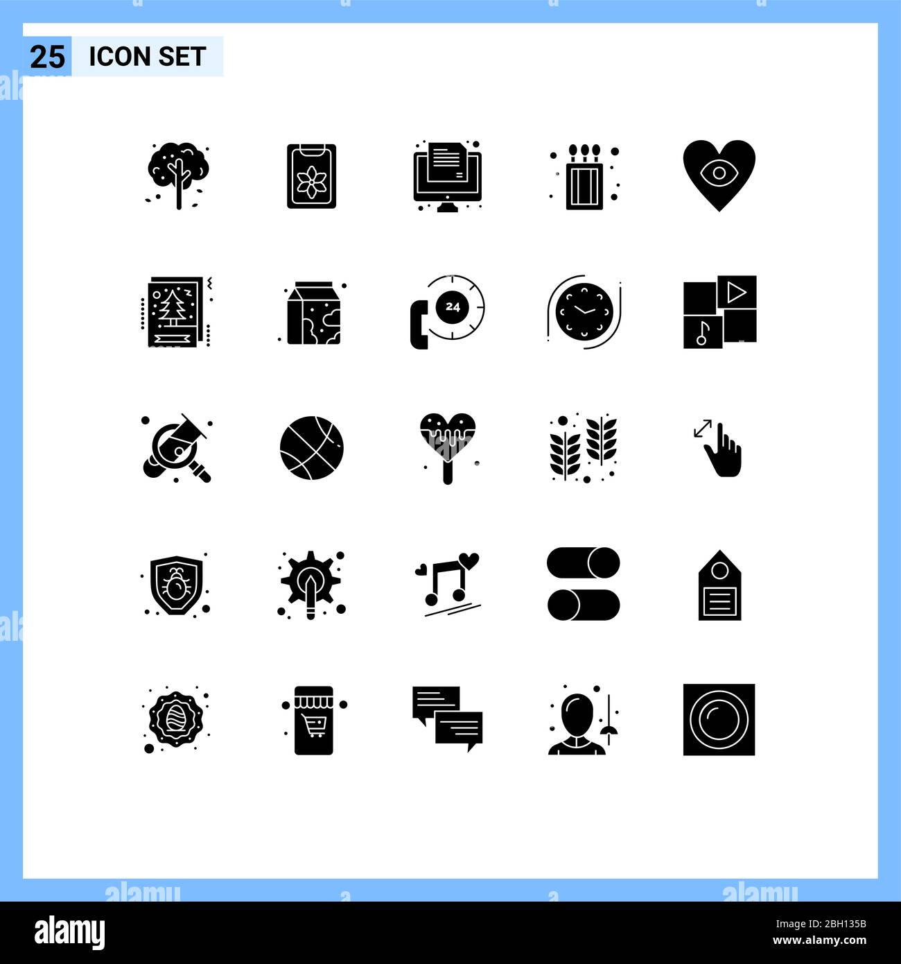 Groupe de 25 symboles et signes de glyphes solides pour l'amour, l'œil, l'examen, la boîte de match, camping Editable Vector Design Elements Illustration de Vecteur