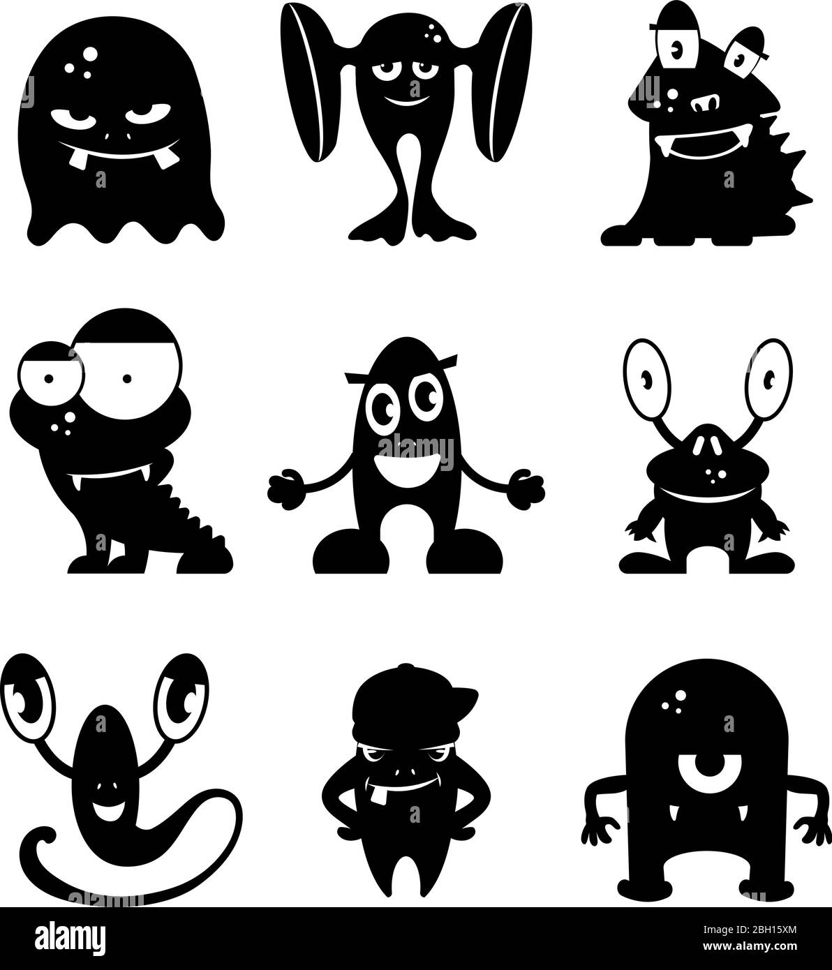 Silhouettes monstres noirs. Ensemble vectoriel de caractères monochromes à plat Illustration de Vecteur