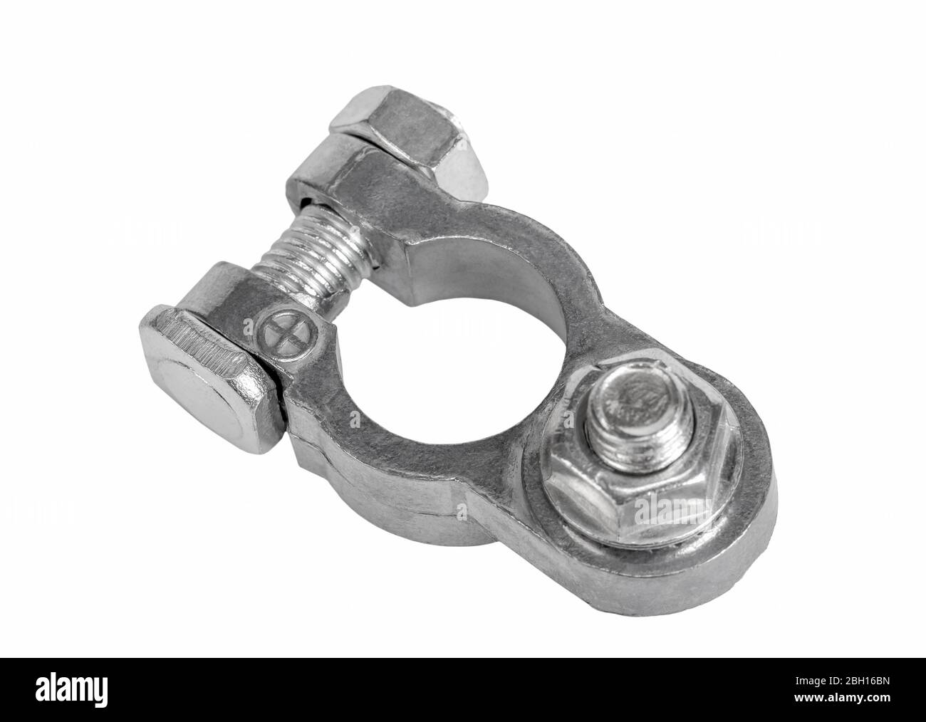 L'un positif metal terminal connecteur de batterie du véhicule isolé sur fond blanc Banque D'Images