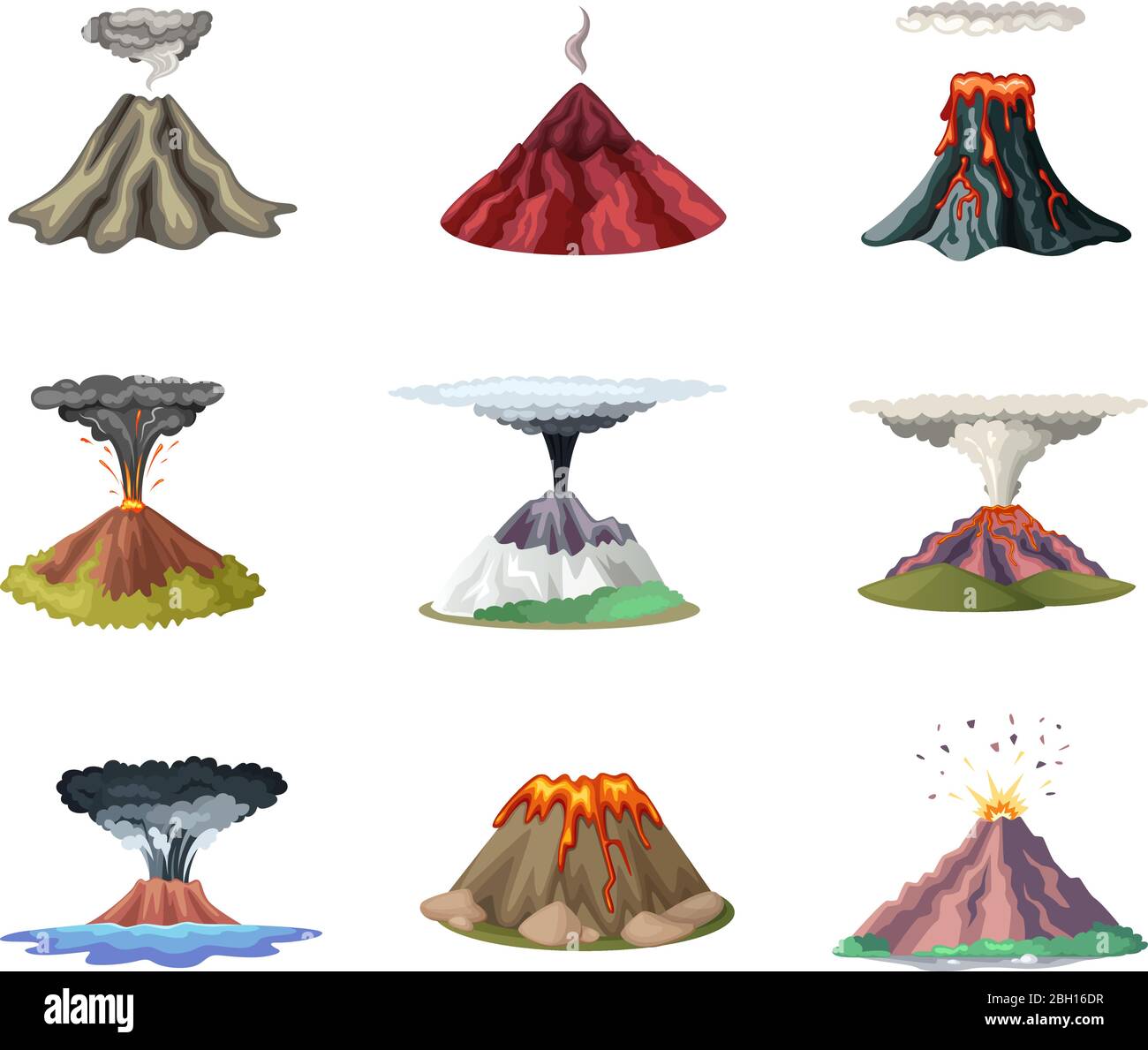 Ensemble vectoriel de montagnes et explosion chaude du volcan. Illustration de l'éruption et de l'explosion du volcan après le séisme Illustration de Vecteur