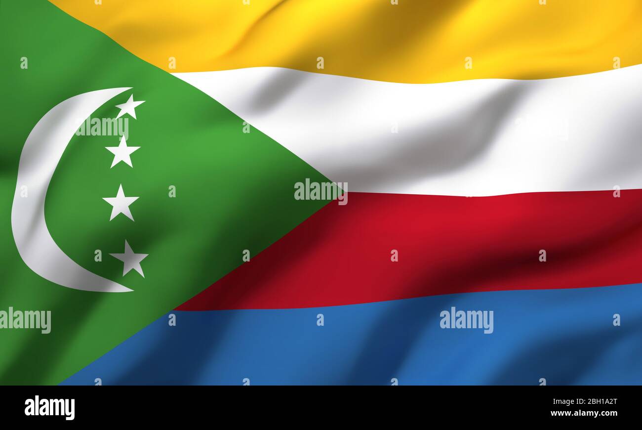 Drapeau des Comores soufflant dans le vent. Drapeau volant comorien pleine page. Illustration tridimensionnelle. Banque D'Images