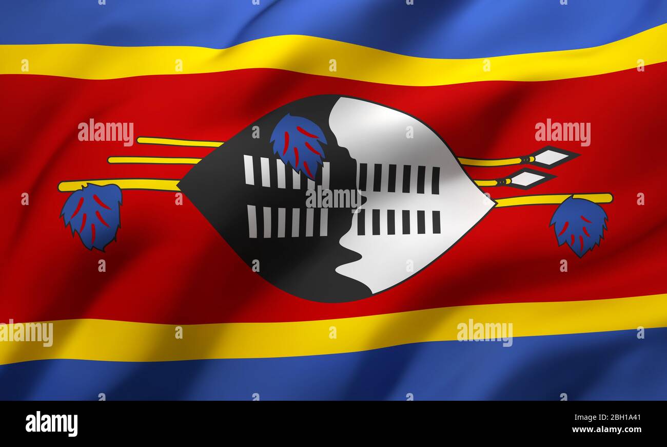 Le drapeau du Swaziland souffle dans le vent. Drapeau volant entièrement page Swaziland. Illustration tridimensionnelle. Banque D'Images