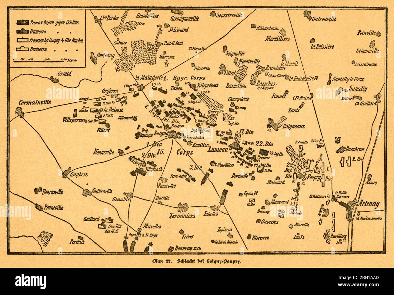 Europa, Deutschland, Frankreich, Deutsch-Französischer Krieg, Plan der Schacht von Loigny und Poupry, Motiv aus : ' Der Krieg zwischen Frankreich und Deutschland in den Jahren 1870-1871 ' , von J. Scheibert, Verlag von W. Pauli's Nachfolger ( H. Jerosch ) , Berlin, 1895 . / Europe, Allemagne, France, guerre franco-prussienne, plan de la bataille de Loigny et Poupry , image de : ' Der Krieg zwischen Frankreich und Deutschland in den Jahren 1870-1871 ' ( la guerre entre la France et l'Allemagne 1870-1871 ) , par J. Scheibert , maison d'édition W. Pauli successeurs ( H. Jerosch ) , Berlin, 1895 . Banque D'Images