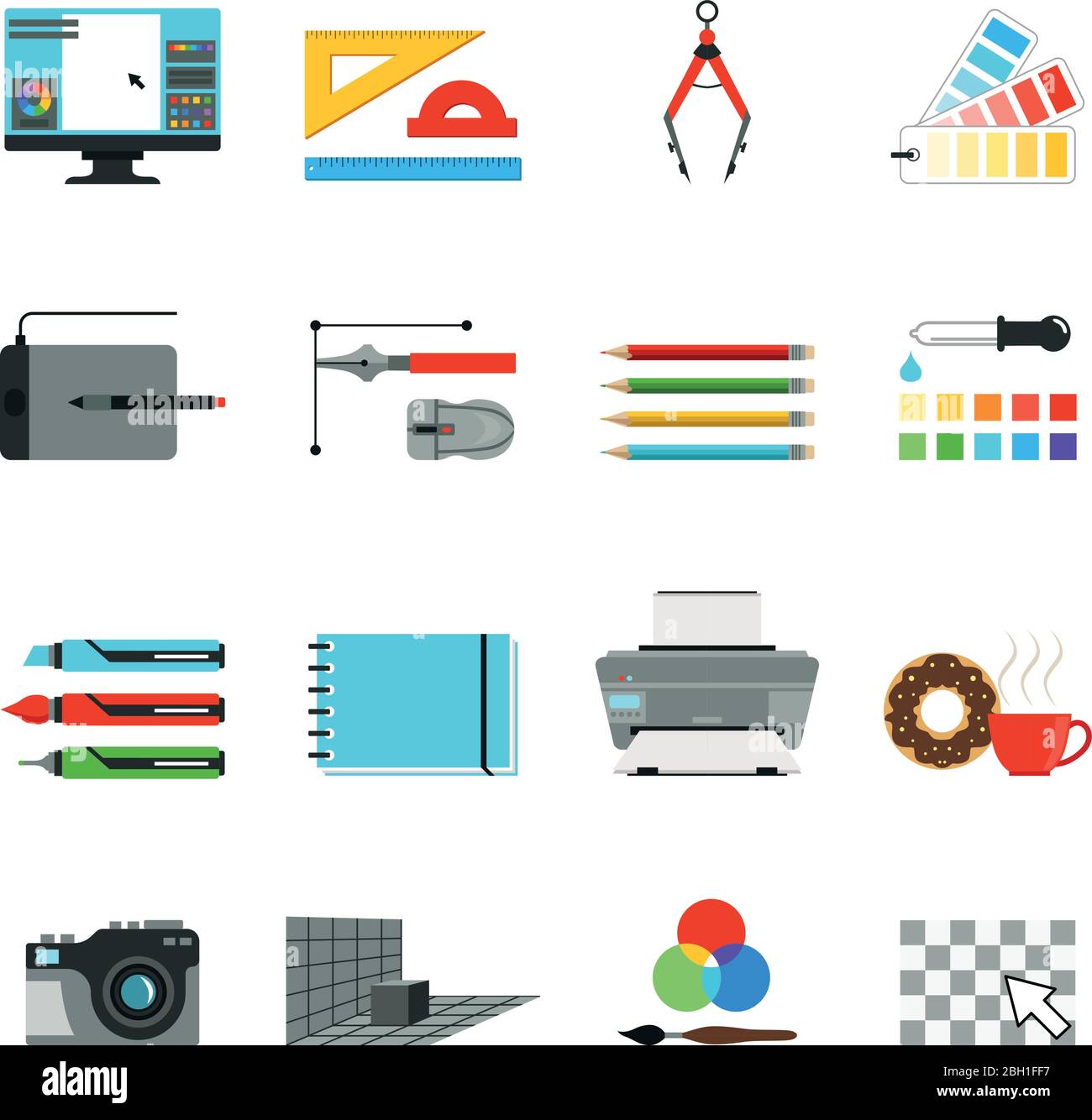 Conception graphique et informatique. Différents outils pour les artistes et les concepteurs graphiques. Icônes vectorielles définies dans le style de dessin animé. Dessin d'un stylo numérique, d'une tablette et d'un bru Illustration de Vecteur