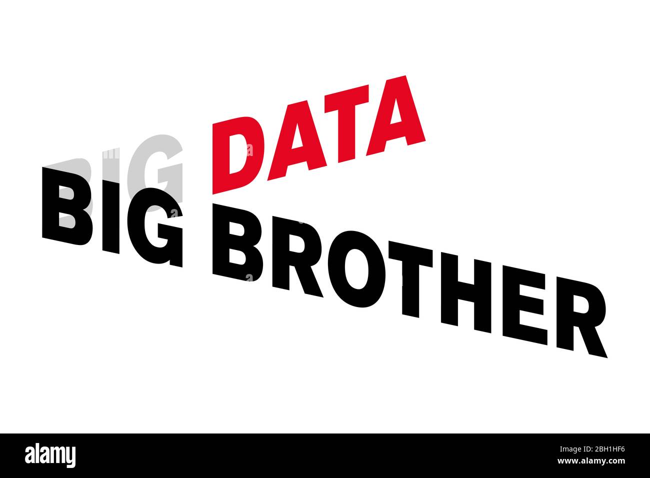 Big Data lettres Big Brother. Mots en lettres majuscules, déformés et décalés, avec un effet tridimensionnel. Lettres rouges, grises et noires. Banque D'Images