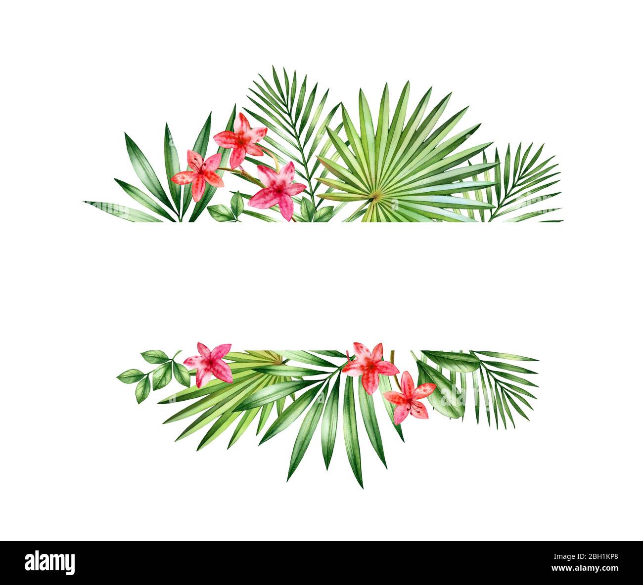 Bannière fleurie aquarelle. Petites orchidées rouges et arrangement de feuilles de palmier. Cadre horizontal avec emplacement pour le texte. Fond tropical peint à la main pour Banque D'Images