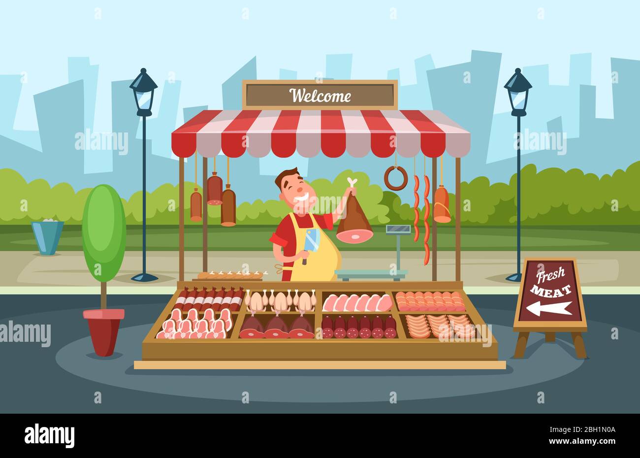 Marche Local Avec Des Aliments Frais Illustrations Vectorielles En Style Dessin Anime Boucherie Magasin De Rue Avec Assortiment De Viande Image Vectorielle Stock Alamy