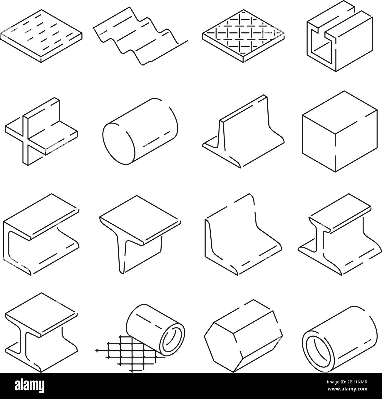 Symboles isométriques de la métallurgie. Photos d'outils en fer et en acier. Illustration vectorielle en style linéaire. Outil métallique et linéaire, production de tuyaux, profil Illustration de Vecteur
