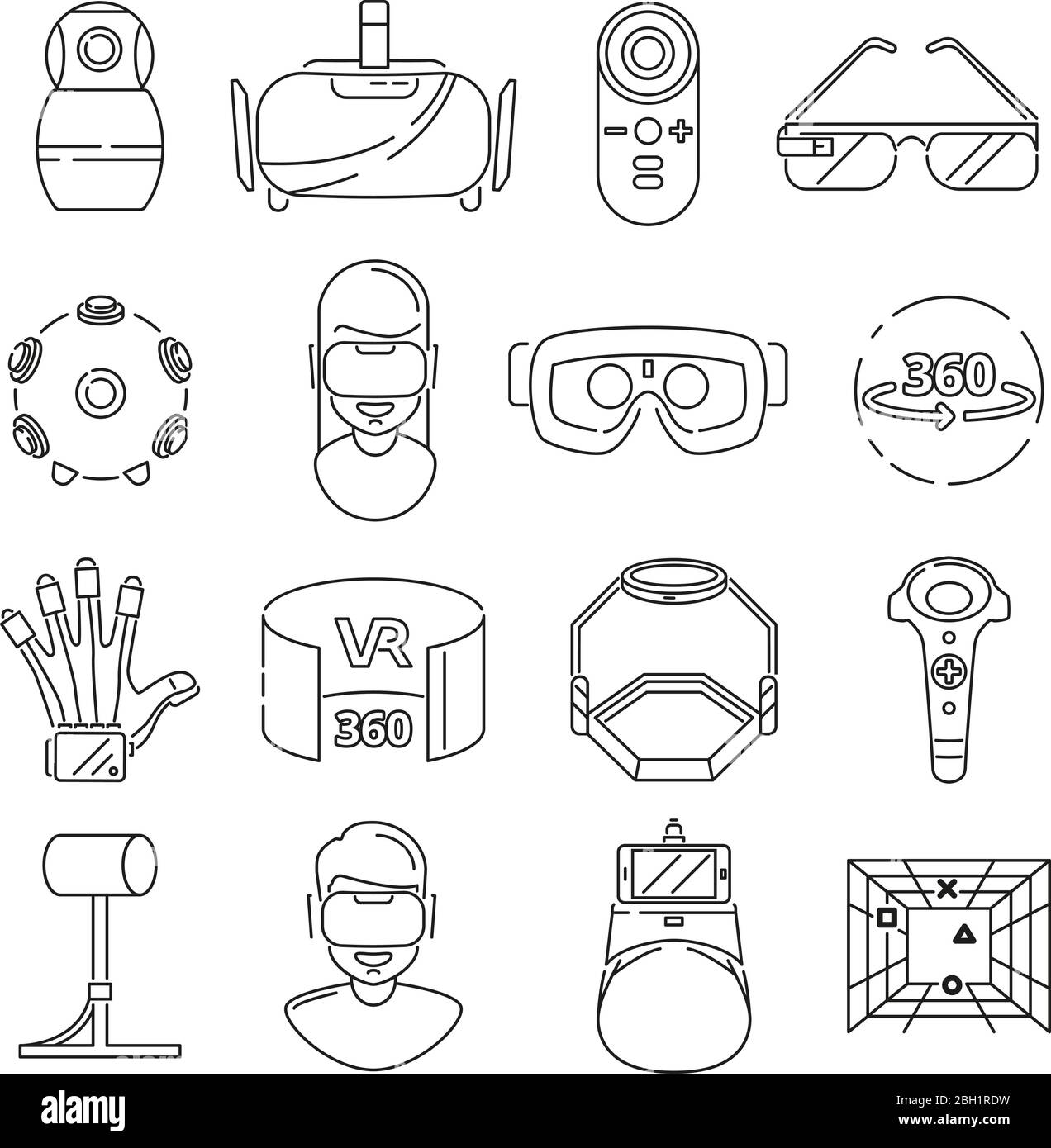 Symboles linéaires de la technologie. Réalité virtuelle et lunettes vr. rotation tridimensionnelle. Jeu VR dans des lunettes, illustration vectorielle Illustration de Vecteur