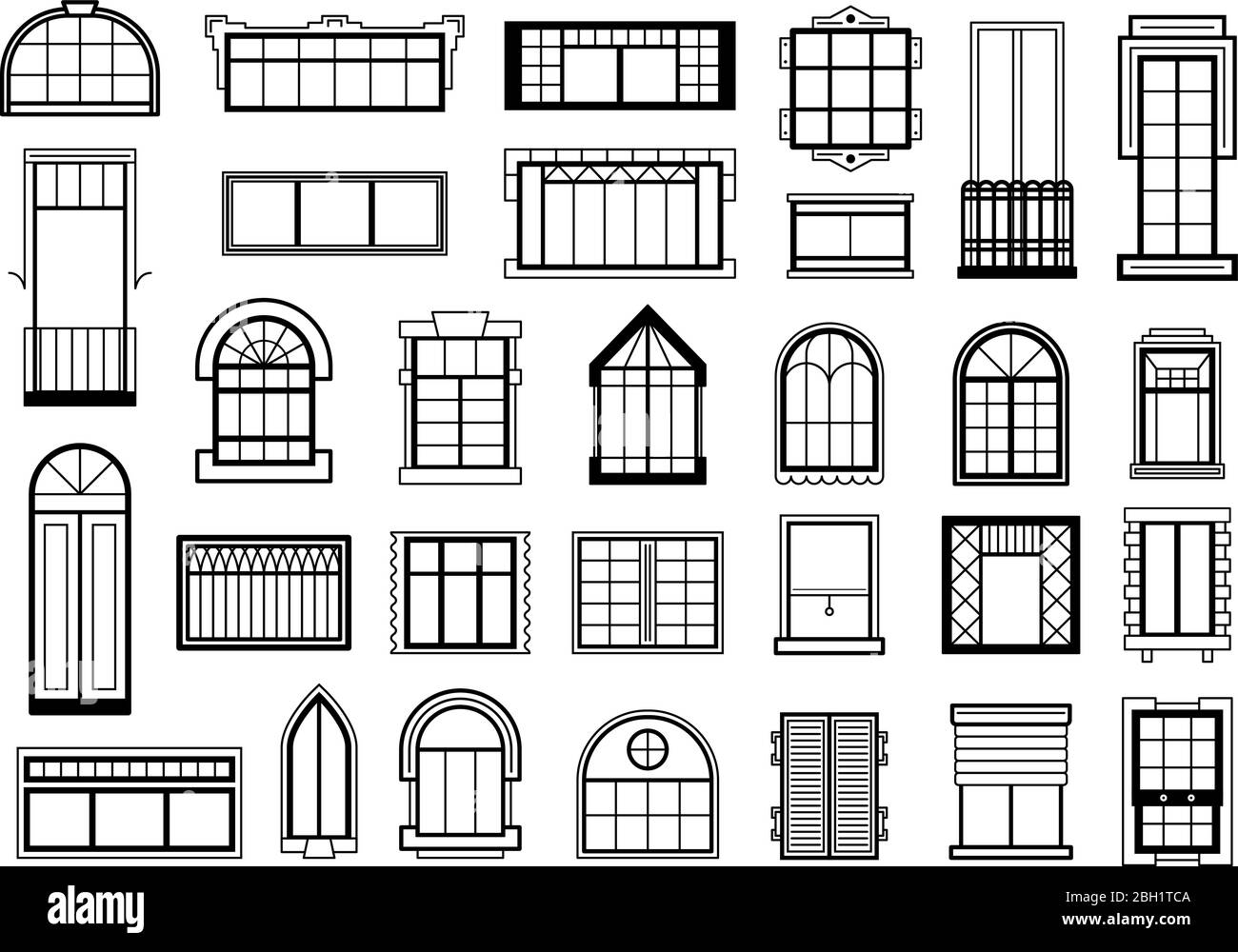 Illustrations vectorielles définies avec différentes silhouettes de cadres de fenêtres. Silhouette de cadre de fenêtre pour maison ou maison, construction fenêtres architecture cl Illustration de Vecteur