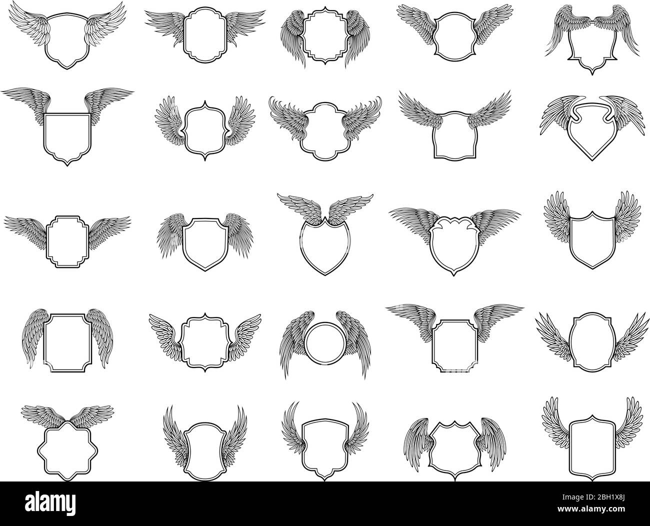 Formes vides avec ailes. Jeu de grands vecteurs pour la conception de badges ou d'étiquettes. Emblème de bouclier et de badge d'aile, illustration vectorielle Illustration de Vecteur