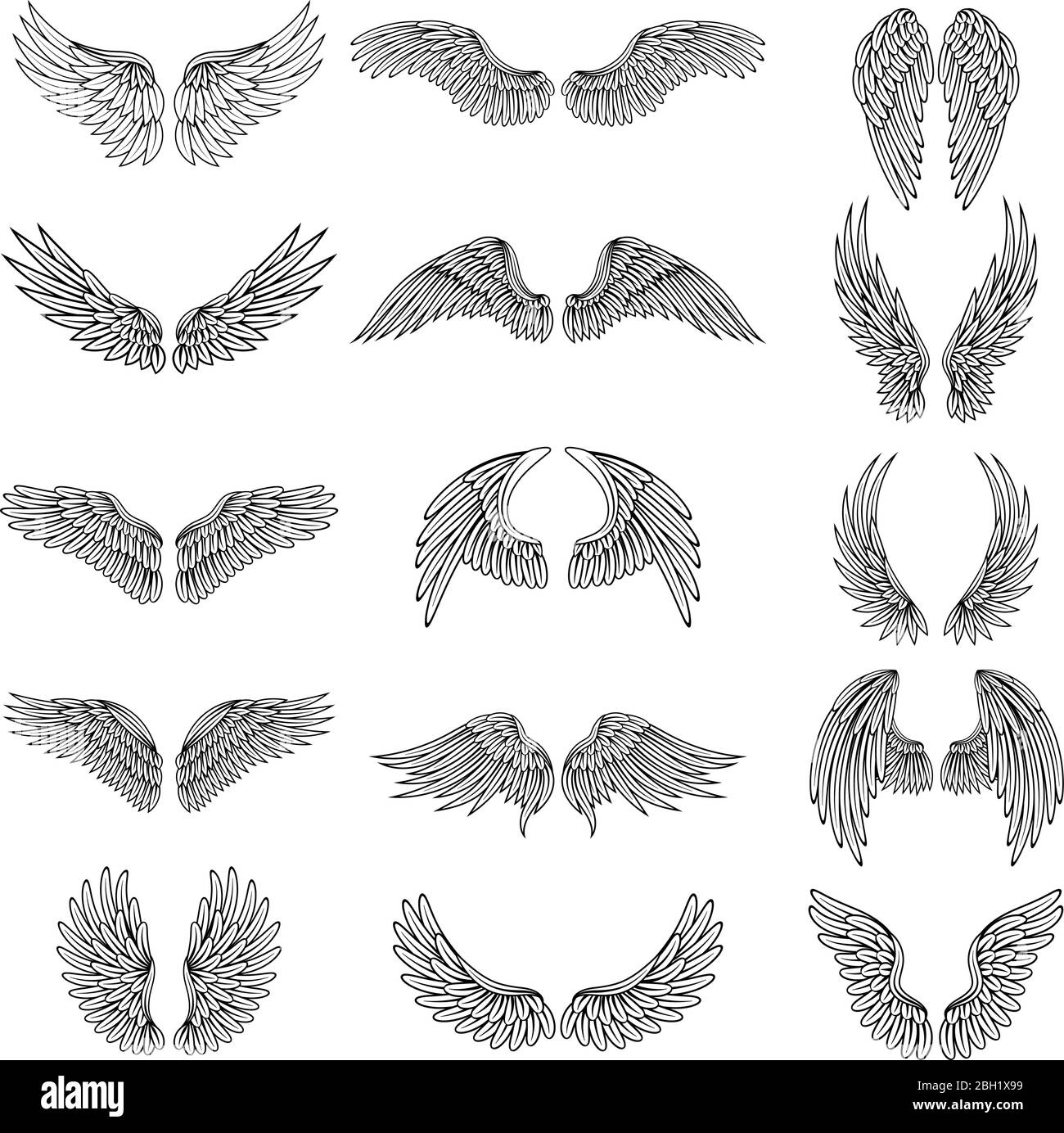 Illustrations monochromes ensemble d'ailes stylisées différentes pour les projets de conception de logos ou d'étiquettes. Images vectorielles ensemble d'ailes de ligne oiseau ou ange Illustration de Vecteur