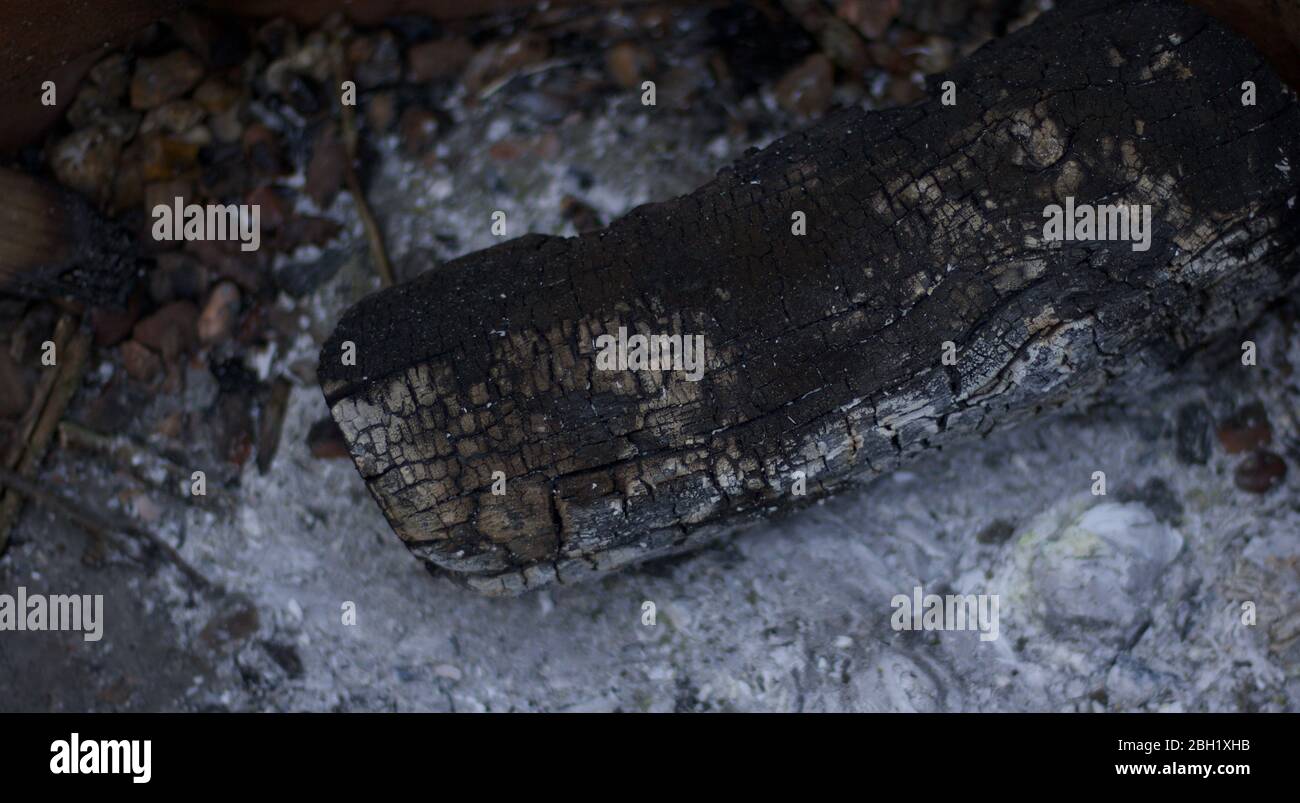 Vieux morceau de bois charré avec cendres grises en dessous Banque D'Images